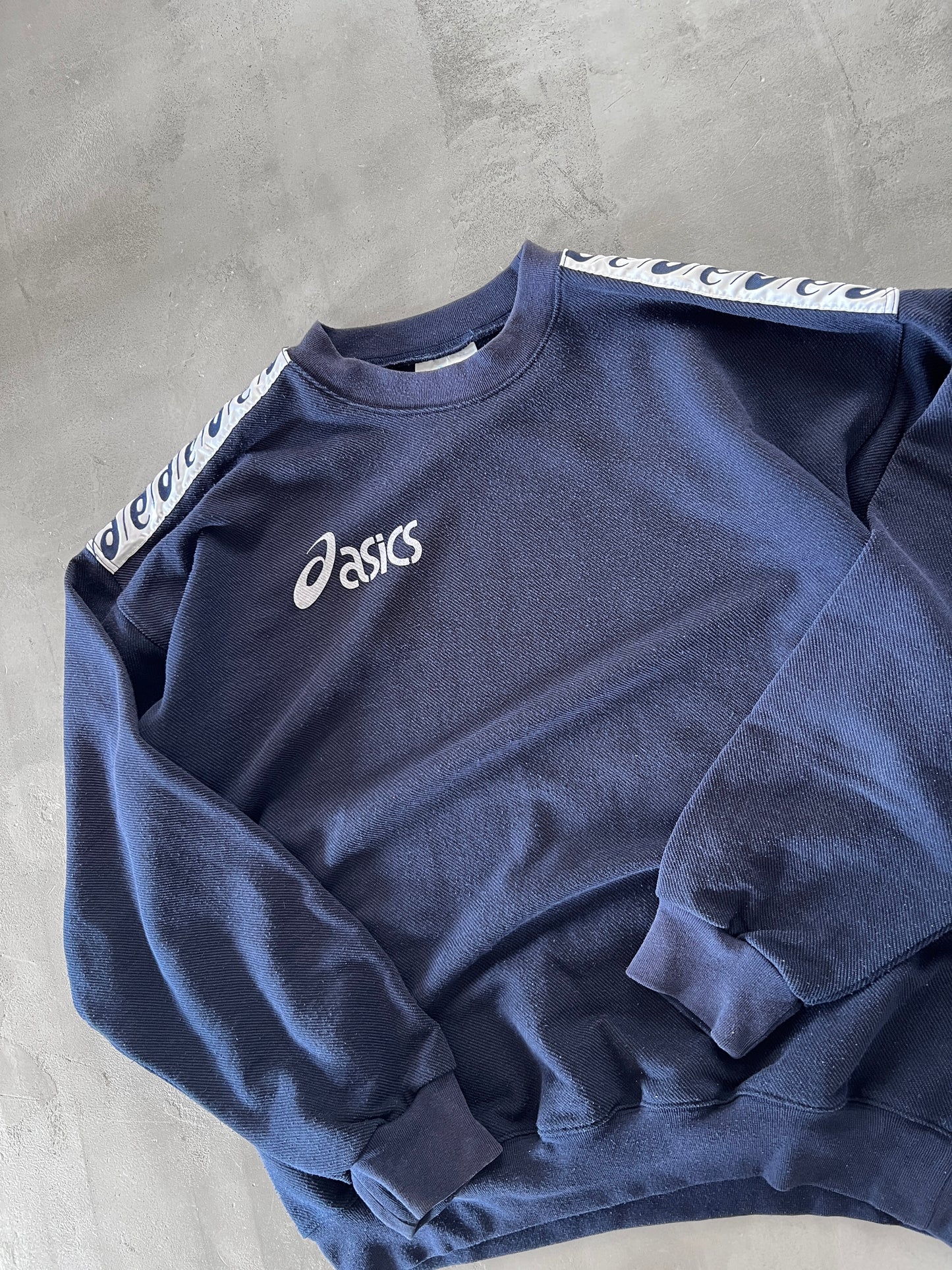 NAVY ASICS RUNNING SWEATER - 1990S - L/XL