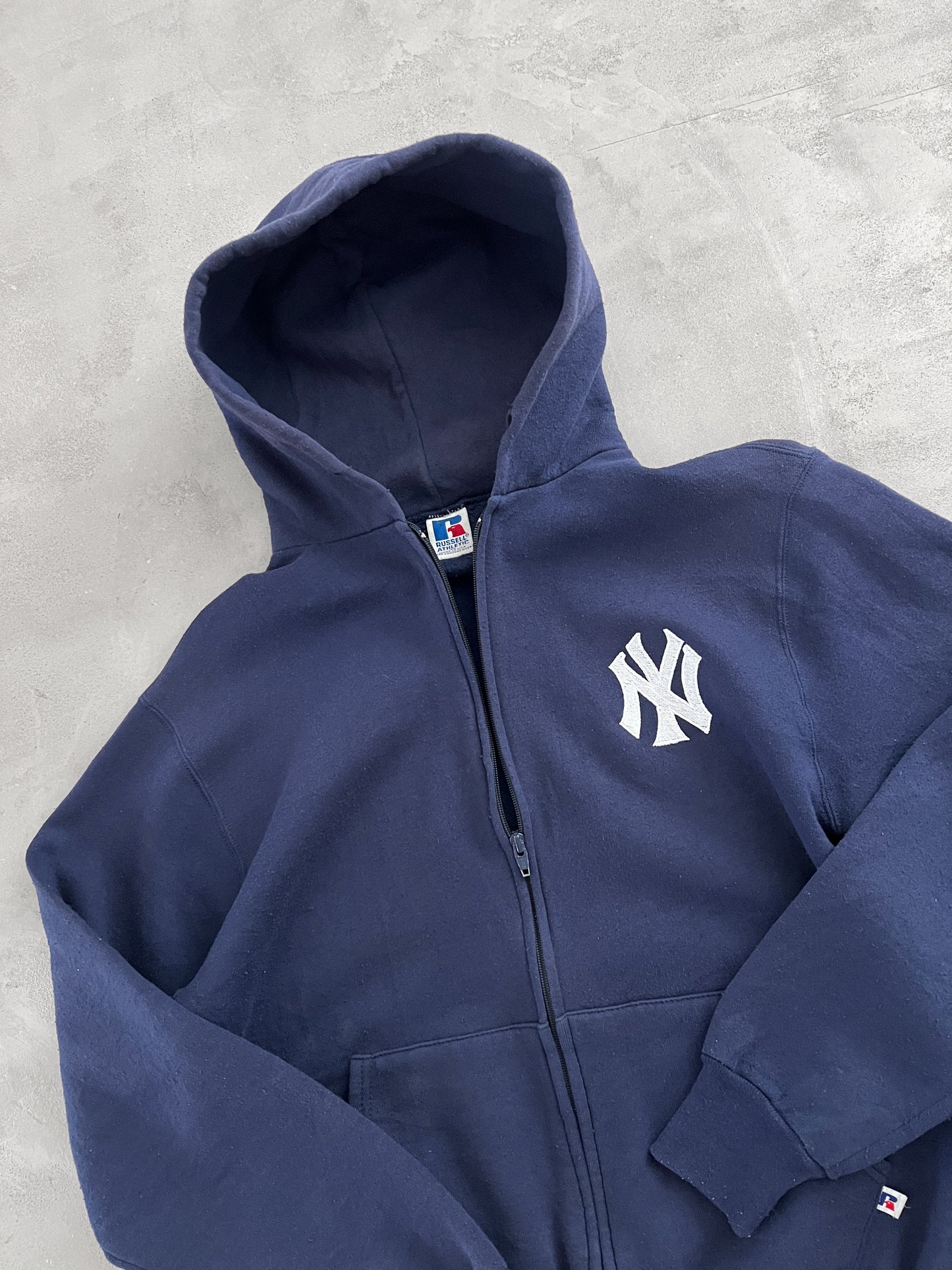NAVY YANKEES RUSSELL ZIP UP HOODIE - 1990S - M