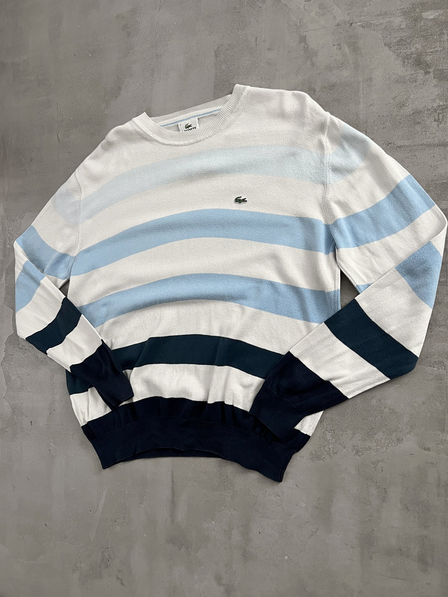 WHITE/BABY BLUE LACOSTE KNIT SWEATER - 2000S - L