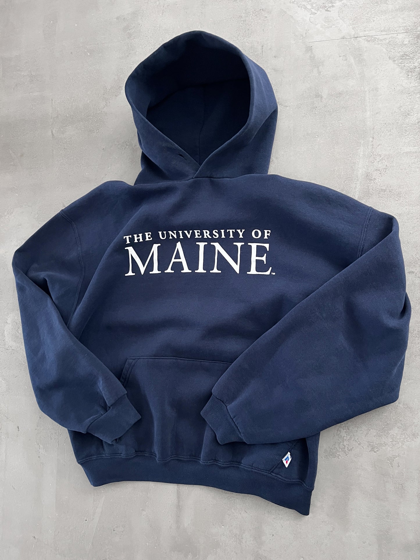 NAVY RUSSELL UNIVERSITY HOODIE - 1990S - L/M