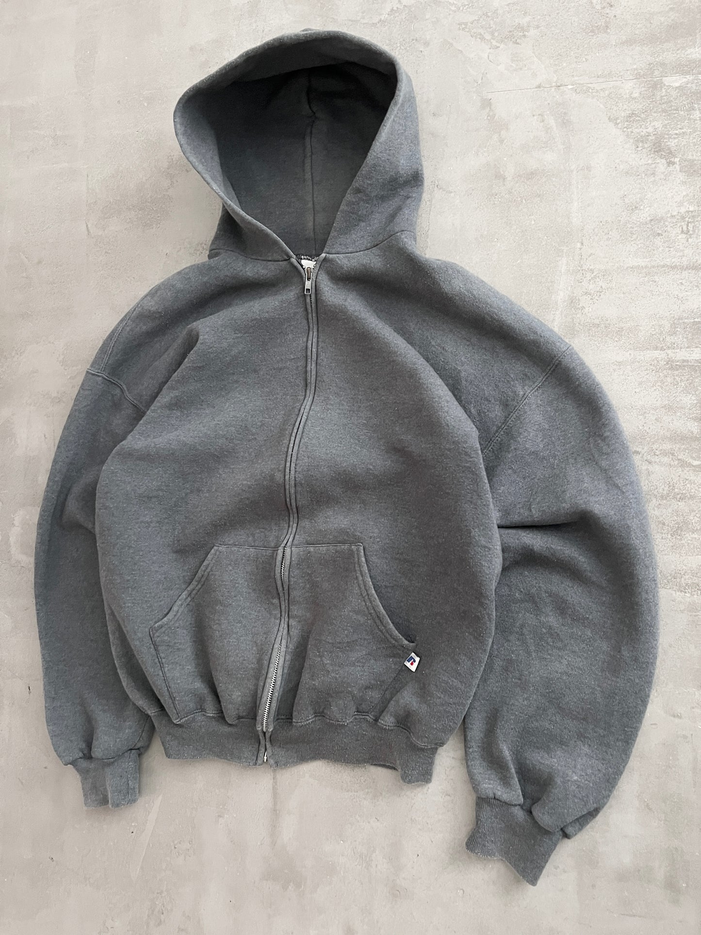 GREY RUSSELL ZIP UP HOODIE - 1990S - L