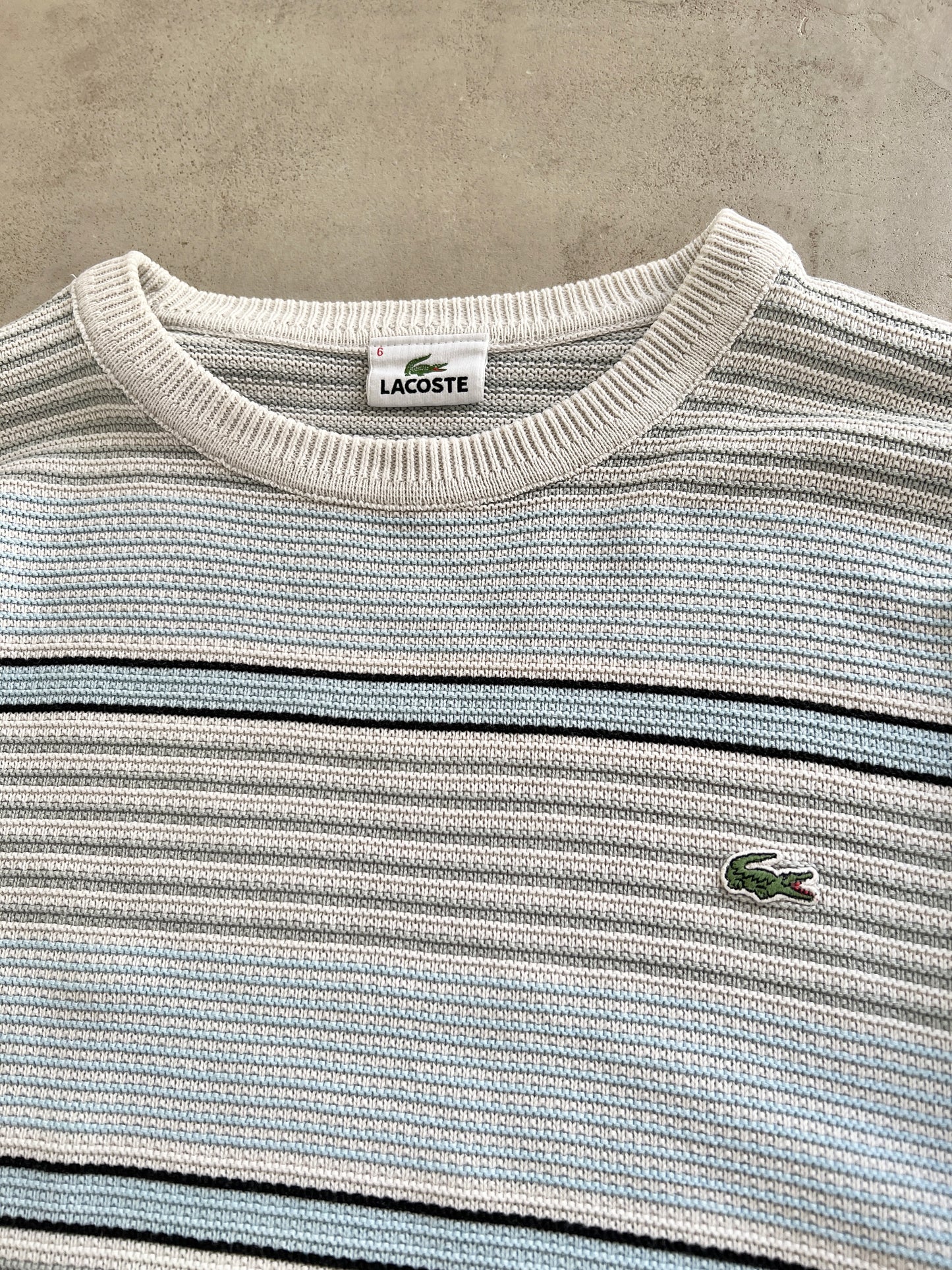 WHITE/BABY BLUE LACOSTE KNIT SWEATER - 2000S - L/M