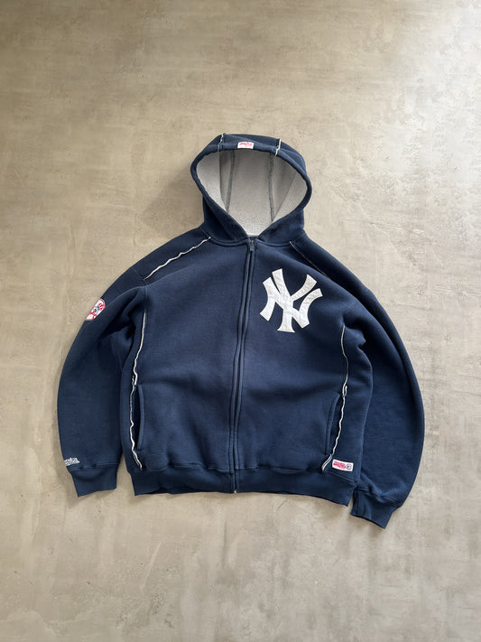 NAVY YANKEES ZIP UP HOODIE - 1990S - L