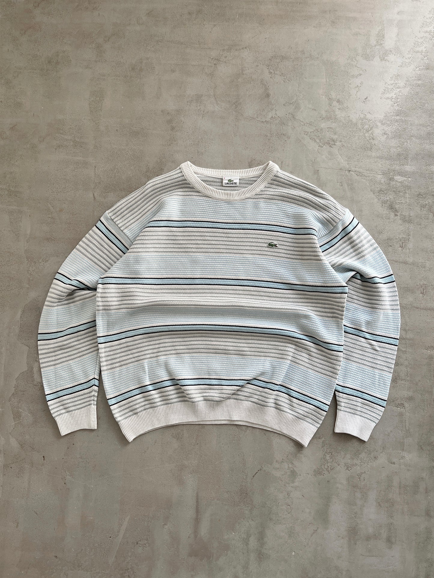WHITE/BABY BLUE LACOSTE KNIT SWEATER - 2000S - L/M