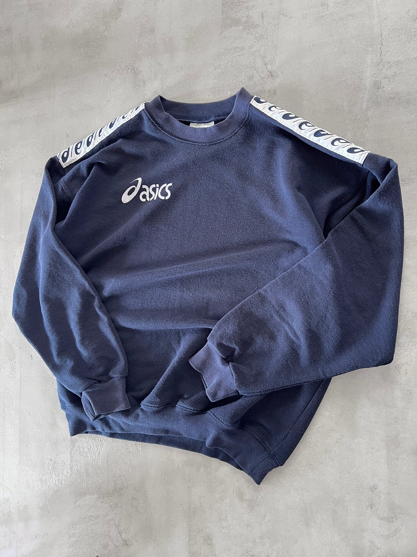 NAVY ASICS RUNNING SWEATER - 1990S - L/XL