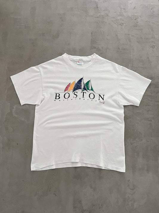 WHITE BOSTON SAILING TEE - 1990S - L