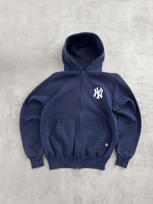 NAVY YANKEES RUSSELL ZIP UP HOODIE - 1990S - M