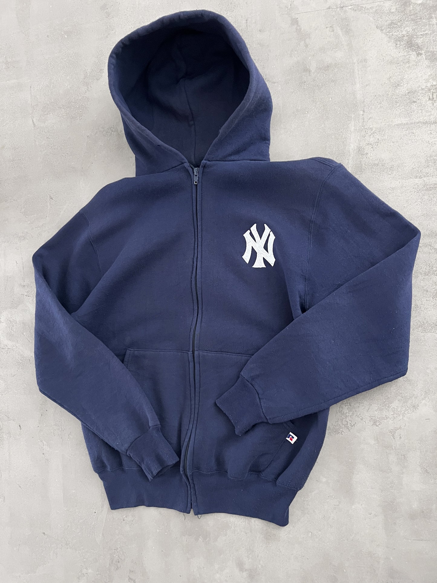 NAVY YANKEES RUSSELL ZIP UP HOODIE - 1990S - M