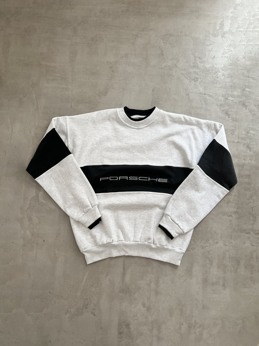 GREY/BLACK PORSCHE SWEATER - 1990S - L/XL