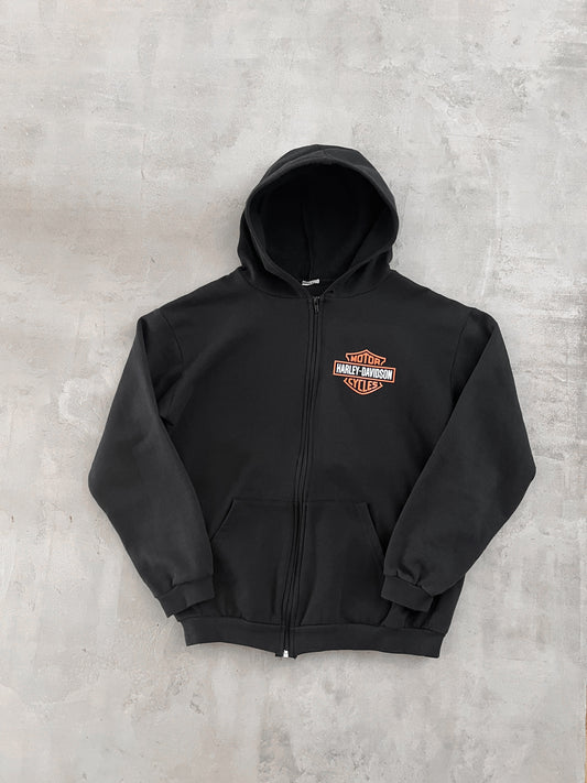 BLACK HARLEY DAVIDSON ZIP UP HOODIE - 2000S - S