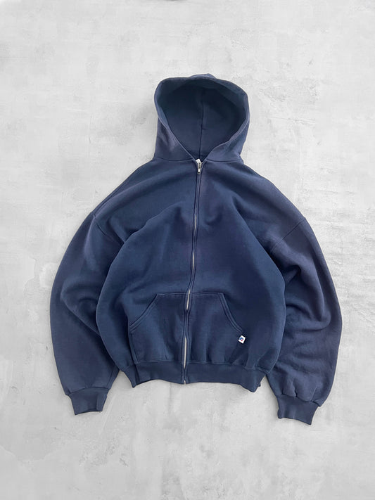 FADED NAVY RUSSELL ZIP UP HOODIE - 1990S - XL