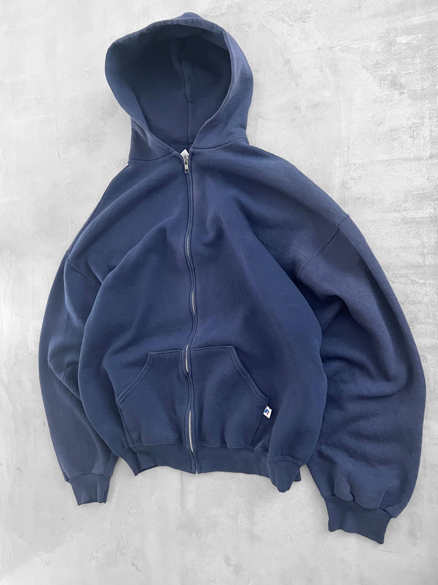 FADED NAVY RUSSELL ZIP UP HOODIE - 1990S - XL