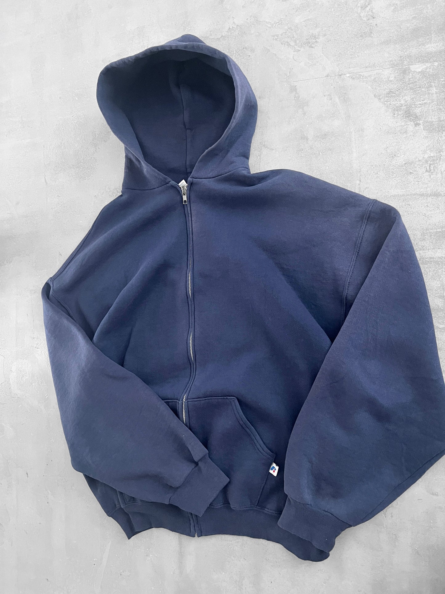 FADED NAVY RUSSELL ZIP UP HOODIE - 1990S - XL
