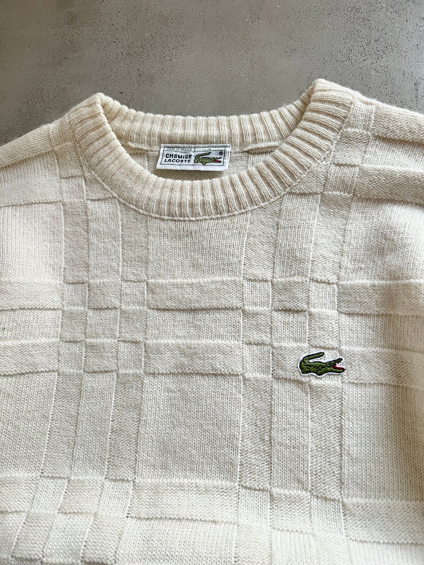 CREME LACOSTE KNIT SWEATER - 1990S - XS