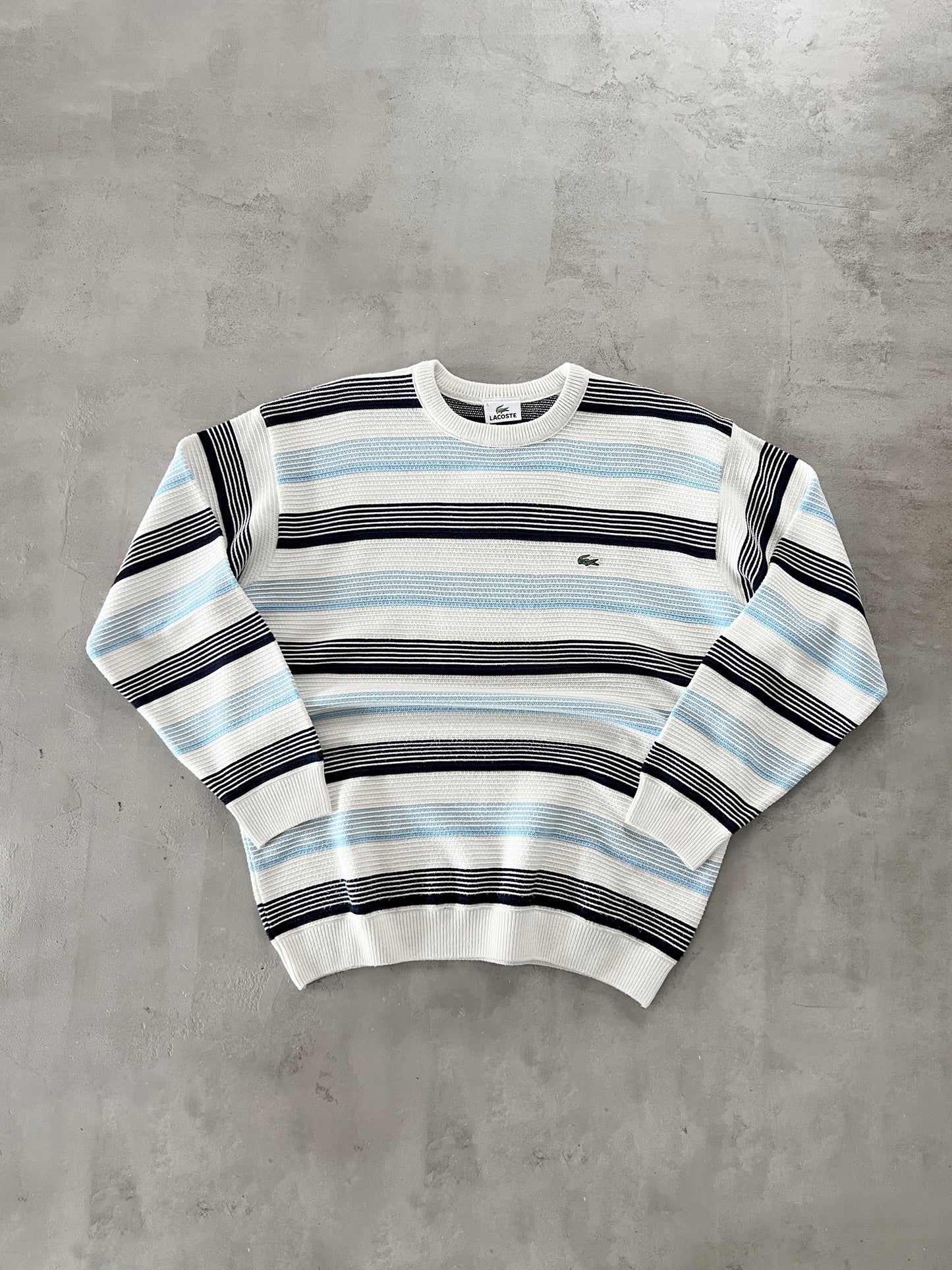 WHITE/BABY BLUE LACOSTE KNIT SWEATER - 2000S - L/M
