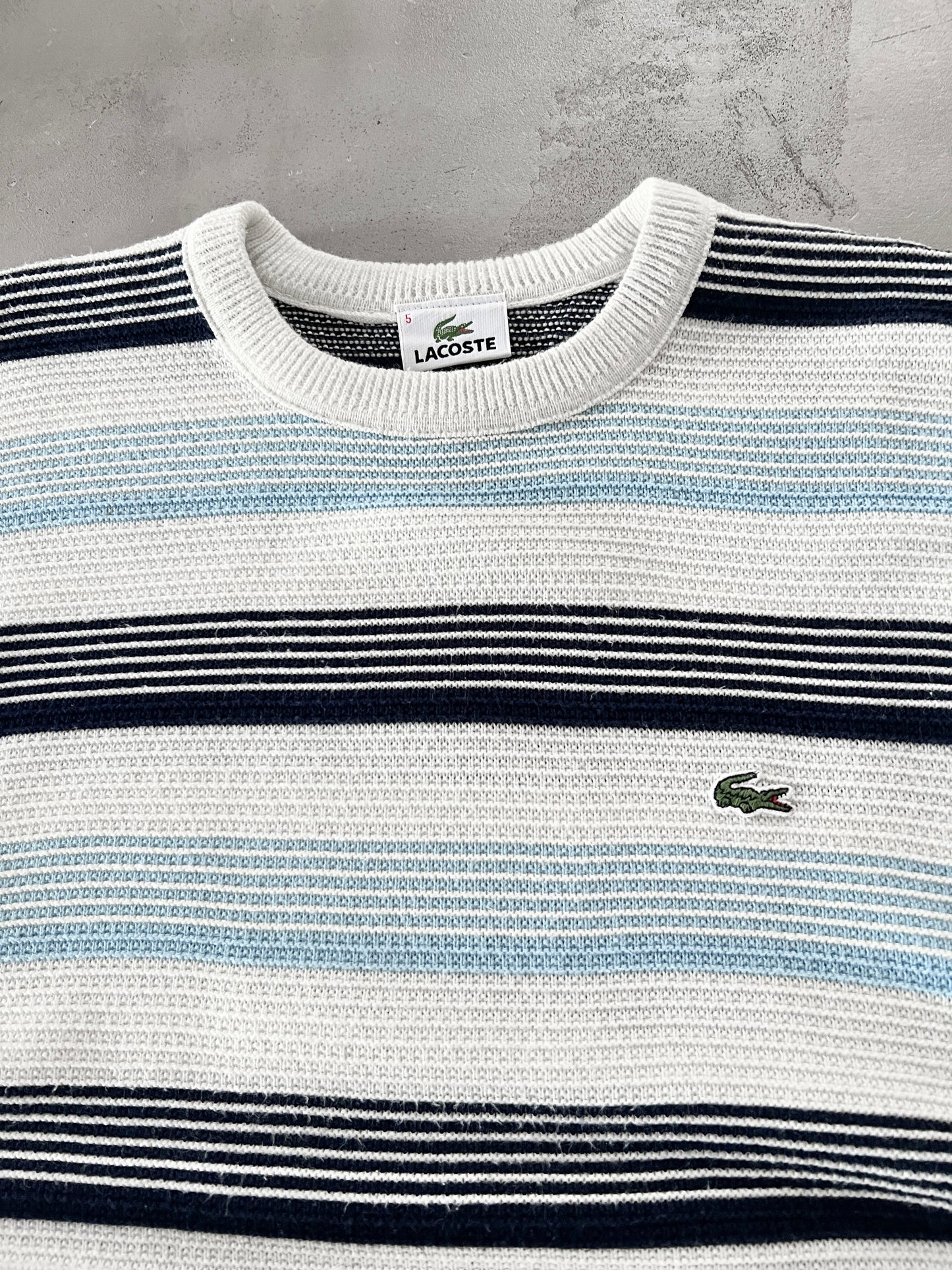 WHITE/BABY BLUE LACOSTE KNIT SWEATER - 2000S - L/M