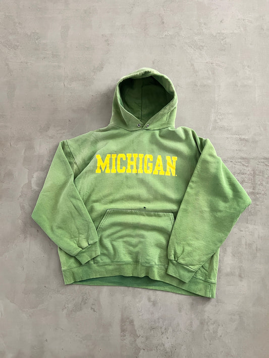 FADED GREEN MICHIGAN HANES HOODIE - 1990S - M/L