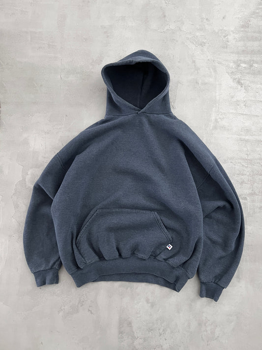 FADED GREY/BLUE RUSSELL HOODIE - 1990S - XL