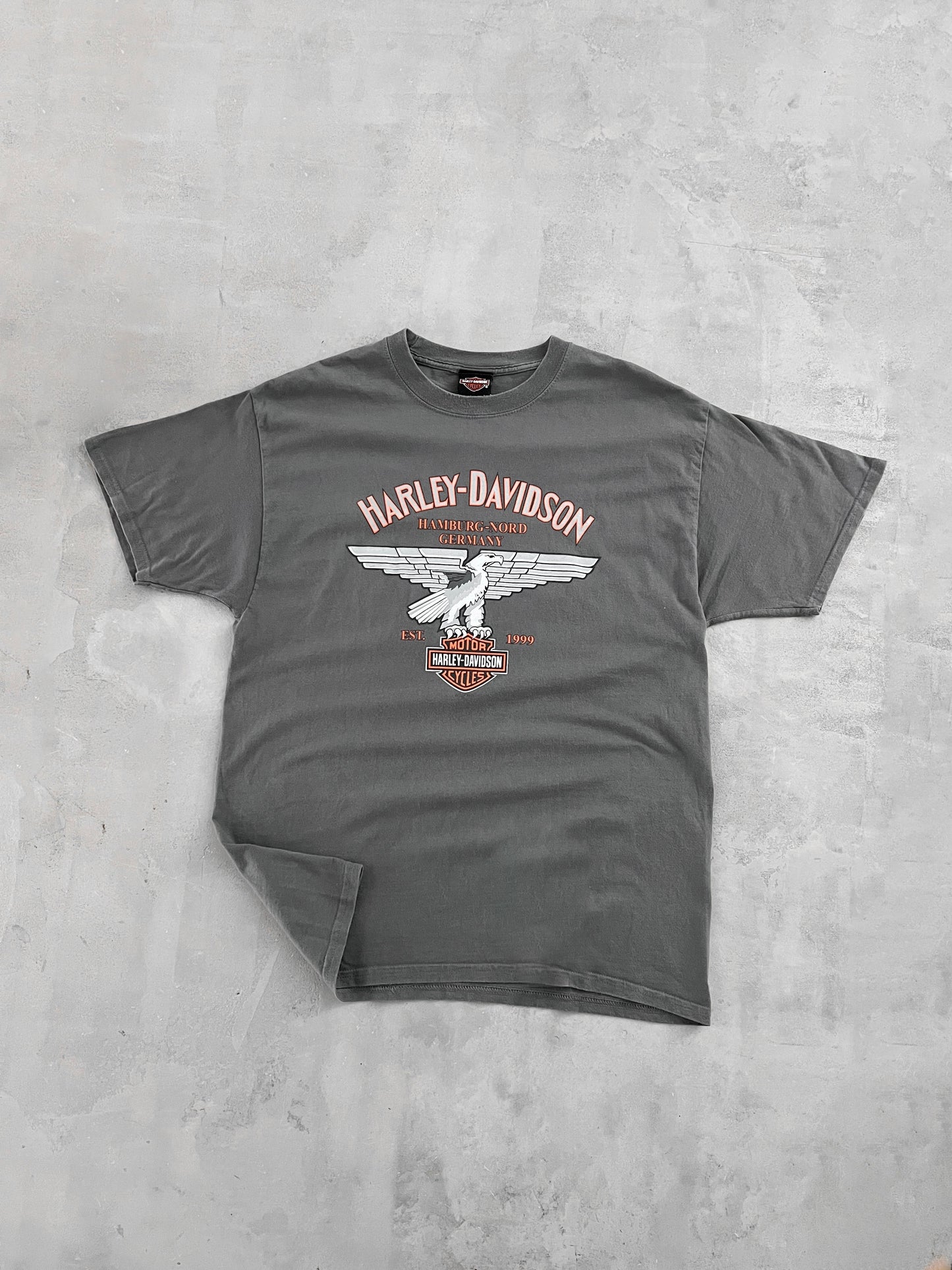 FADED GREY HARLEY DAVIDSON GERMANY TEE - 1990S - L/XL