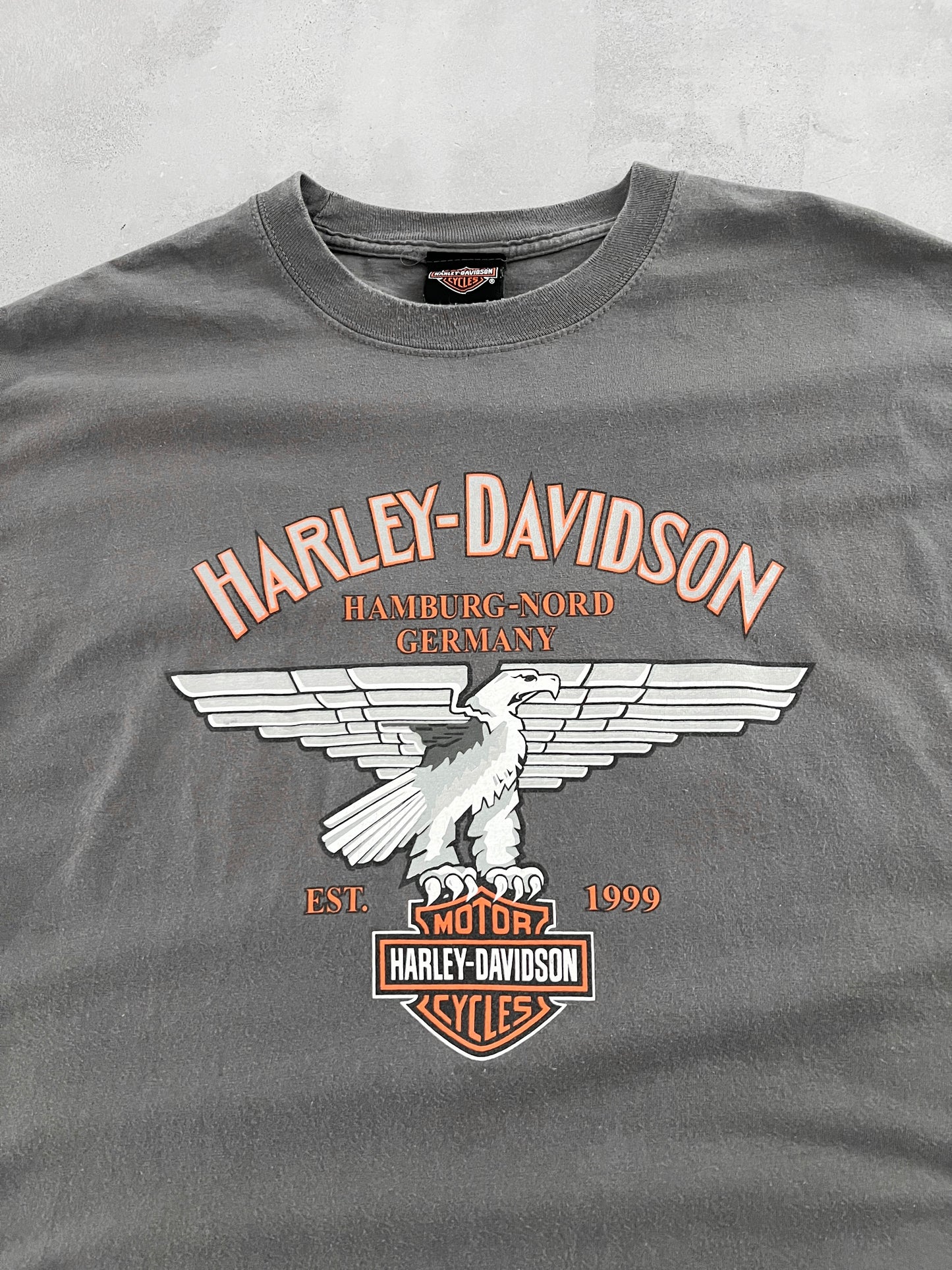 FADED GREY HARLEY DAVIDSON GERMANY TEE - 1990S - L/XL