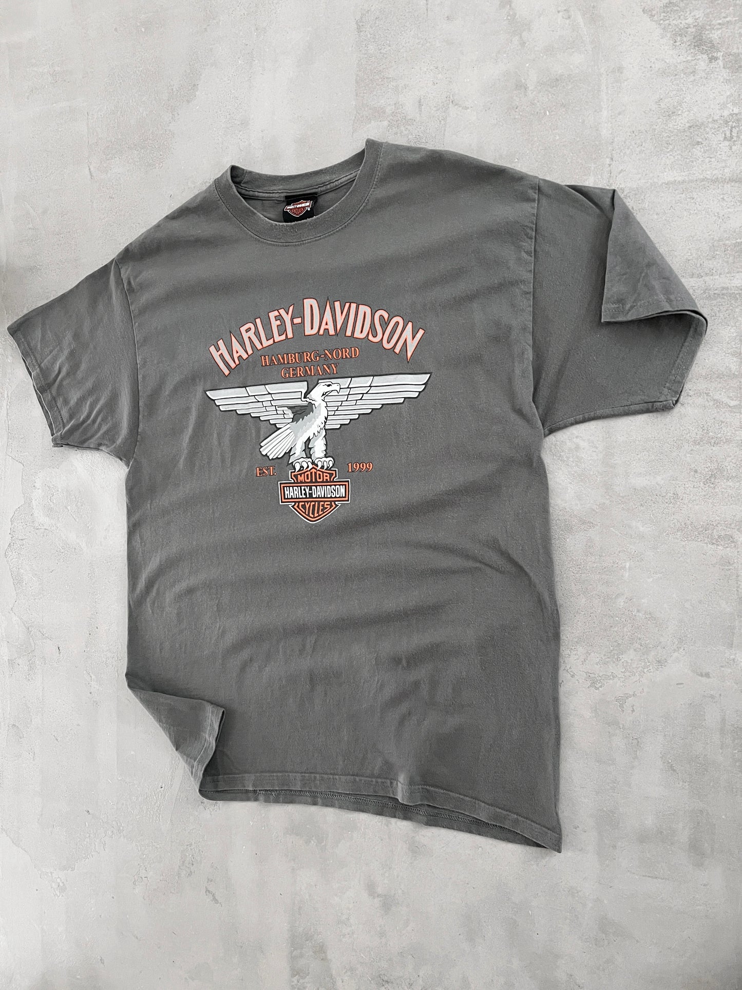 FADED GREY HARLEY DAVIDSON GERMANY TEE - 1990S - L/XL