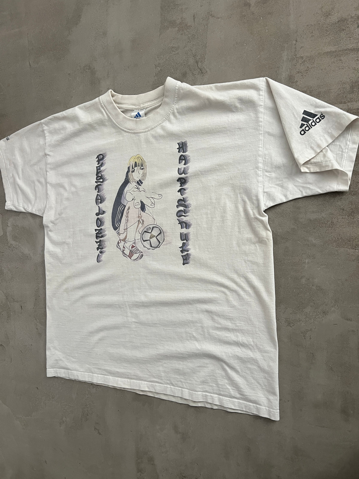 WHITE ADIDAS ANIME TEE - 1990S - L/M