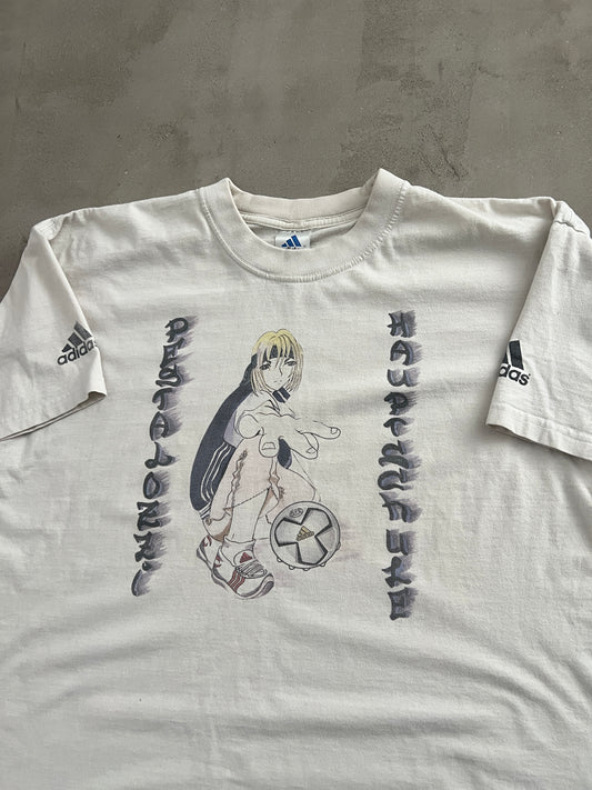 WHITE ADIDAS ANIME TEE - 1990S - L/M