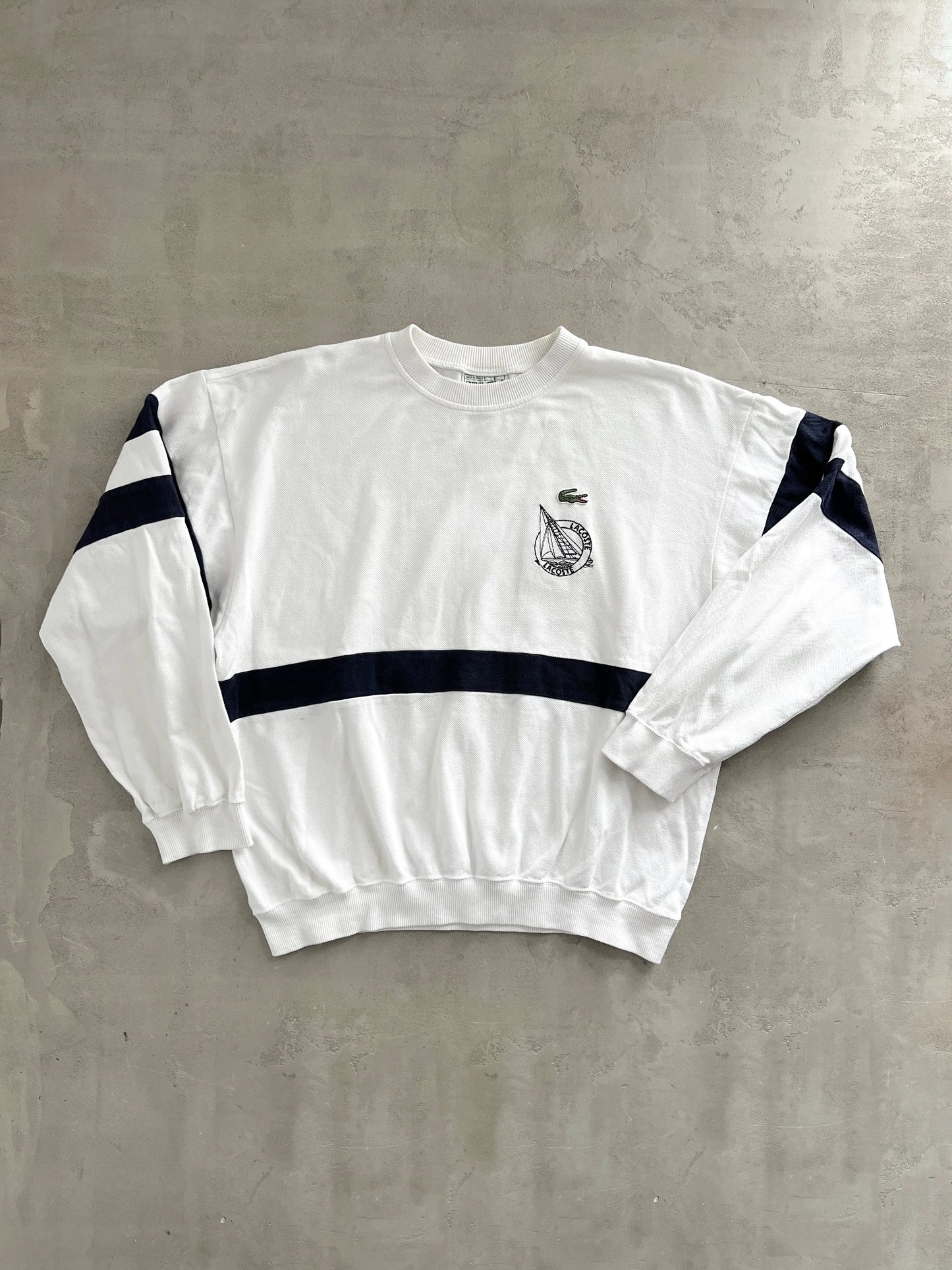 WHITE/NAVY LACOSTE SAILING SWEATER - 1990S - S