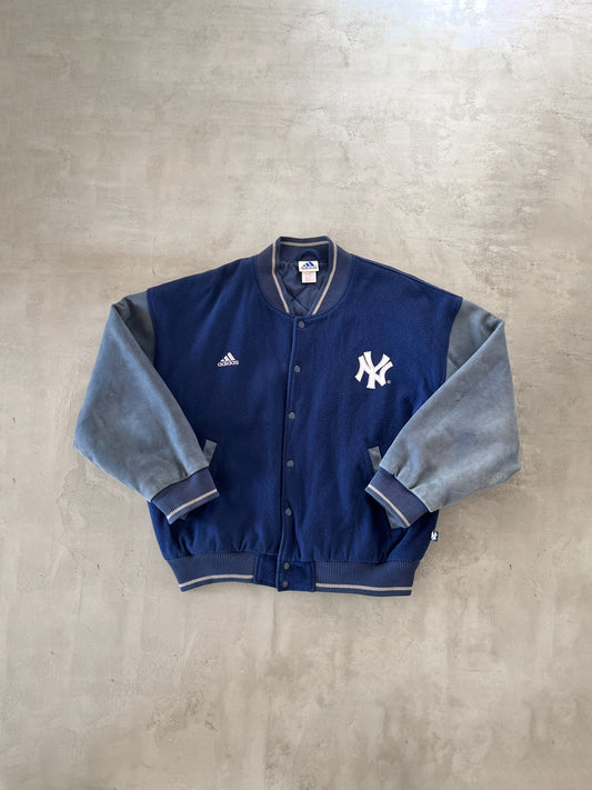 NAVY YANKEES LEATHER JACKET - 1990S - L