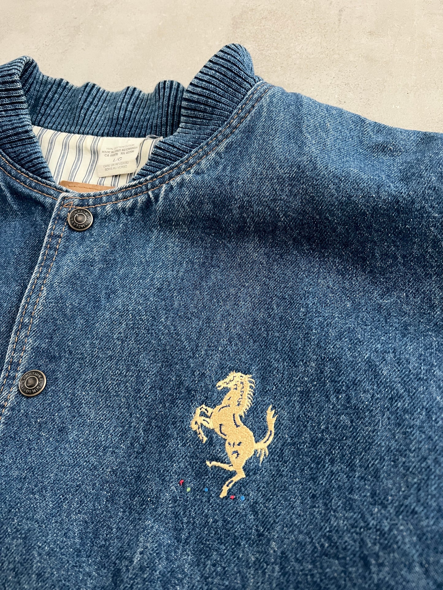 BLUE/CREME FERRARI ART CARS JACKET - 1990S - L/XL