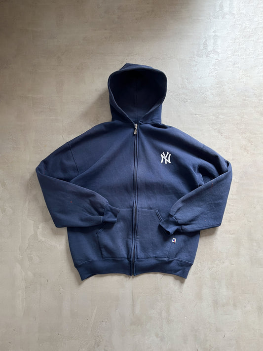 NAVY YANKEES RUSSELL ZIP UP HOODIE - 1990S - XL