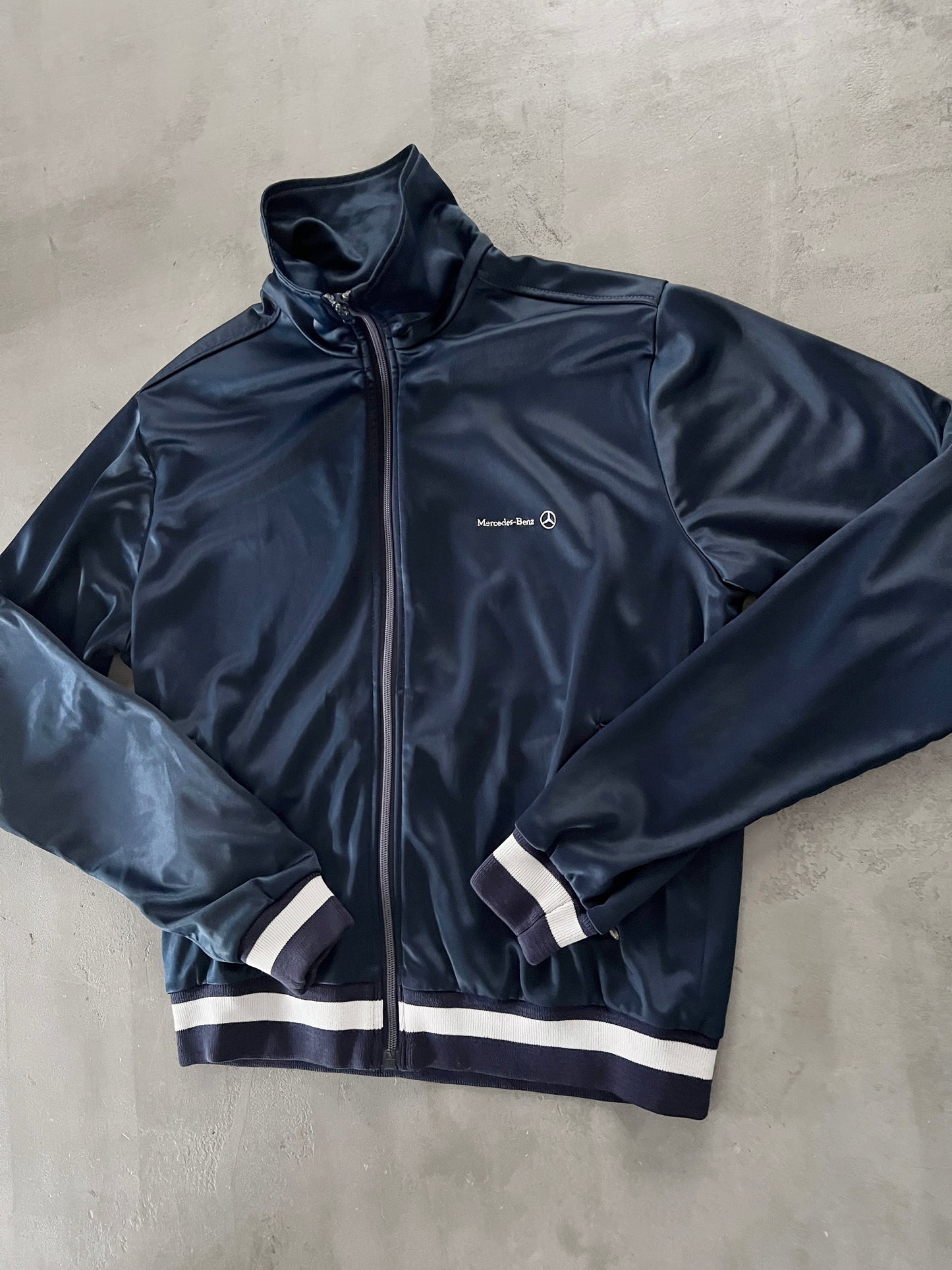 NAVY MERCEDES BENZ SATIN JACKET - 1990S - M/S