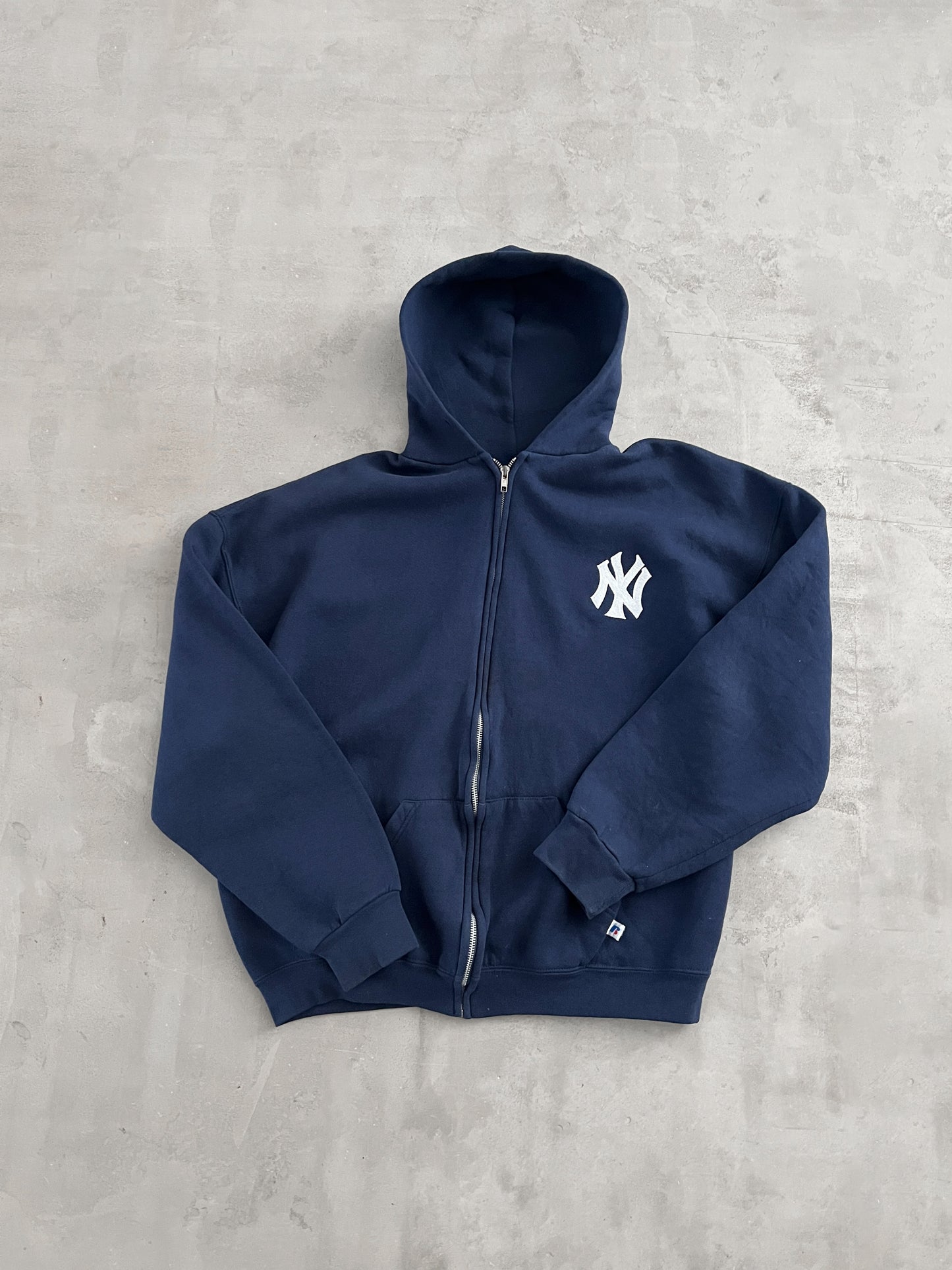 NAVY YANKEES RUSSELL ZIP UP HOODIE - 1990S - L