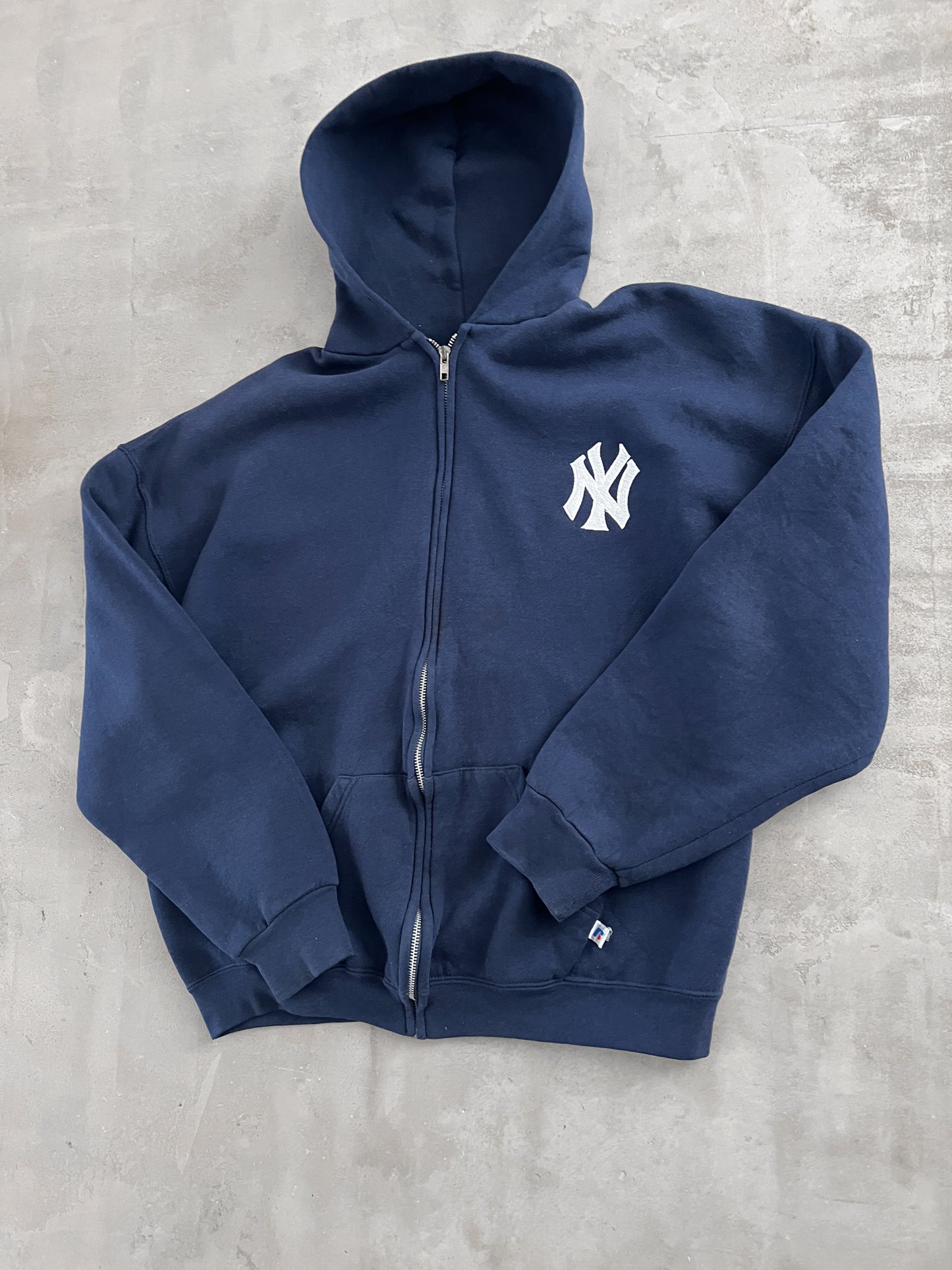 NAVY YANKEES RUSSELL ZIP UP HOODIE - 1990S - L