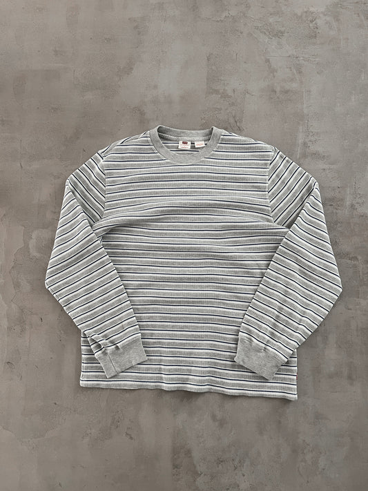 GREY/BLUE LEVIS WAFFLE KNIT LONGSLEEVE - 2000S - L