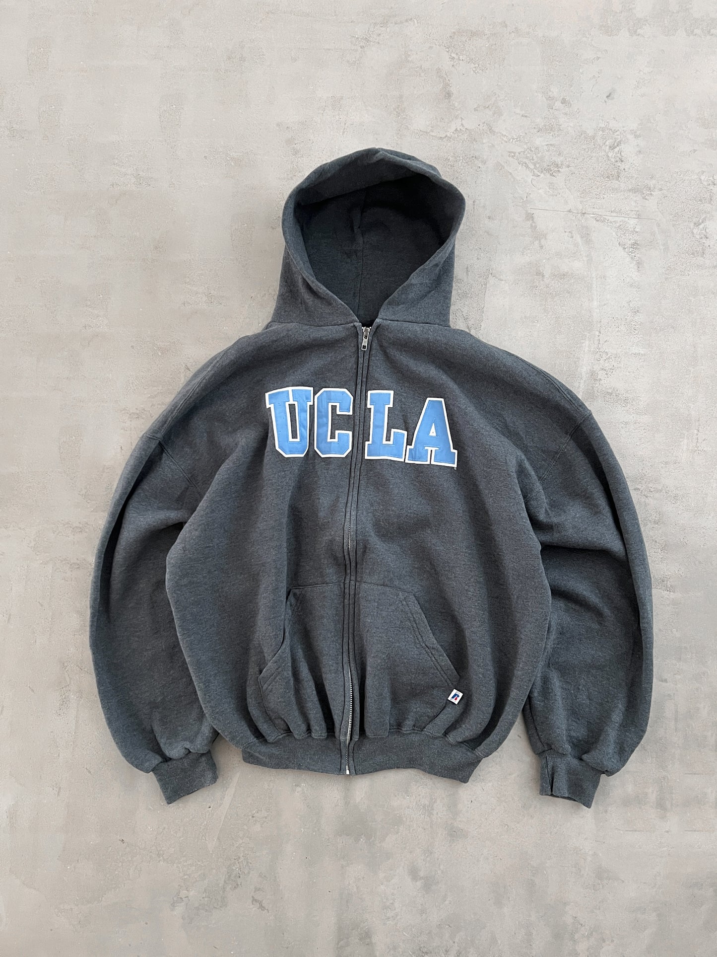 GREY/BABY BLUE RUSSELL UCLA ZIP UP HOODIE - 1990S - L/XL