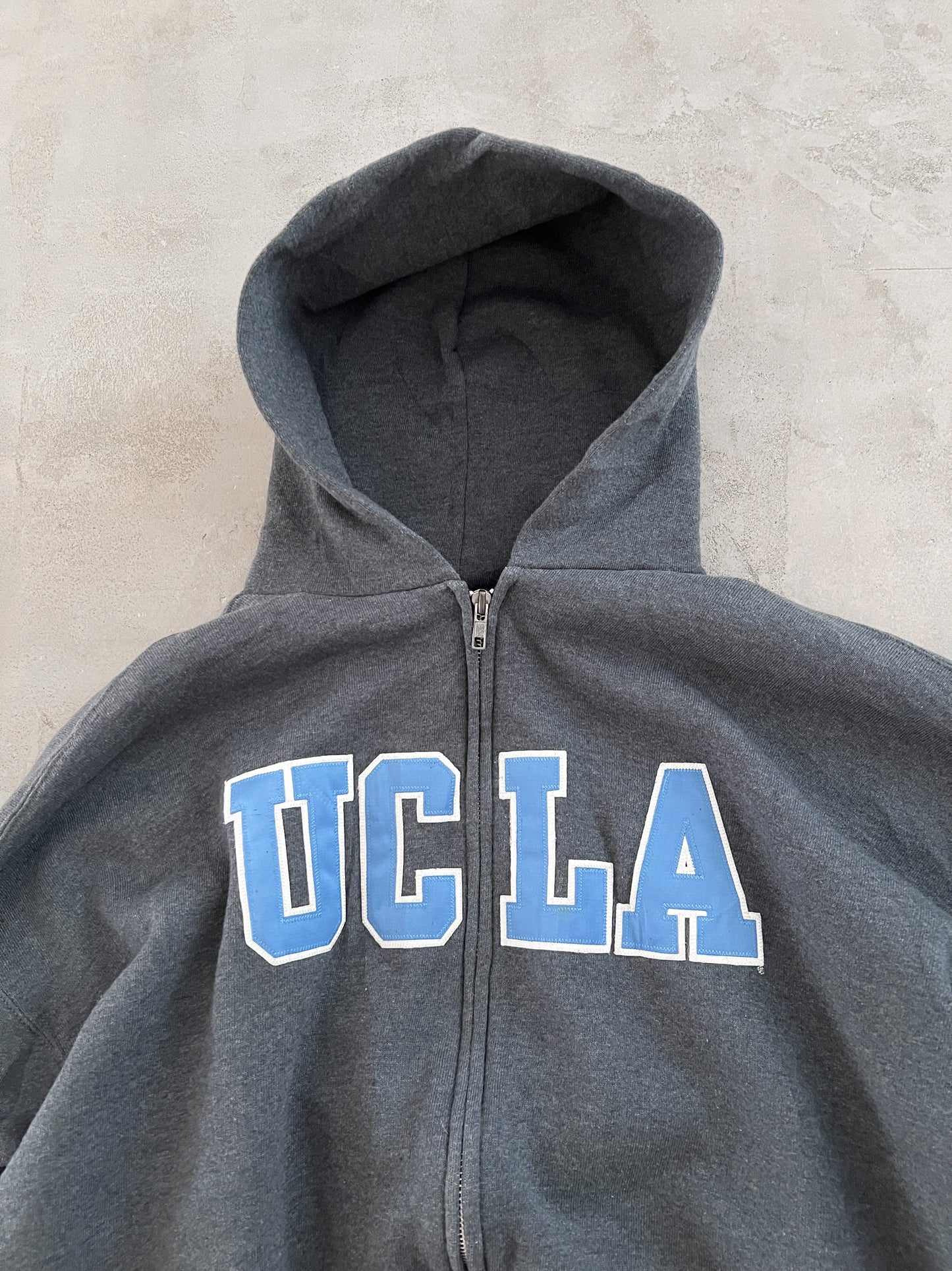 GREY/BABY BLUE RUSSELL UCLA ZIP UP HOODIE - 1990S - L/XL