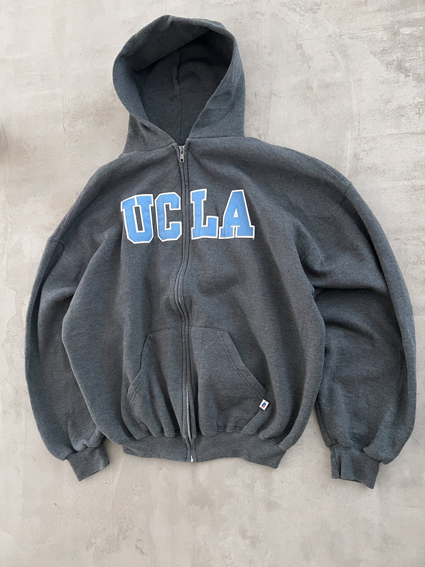 GREY/BABY BLUE RUSSELL UCLA ZIP UP HOODIE - 1990S - L/XL