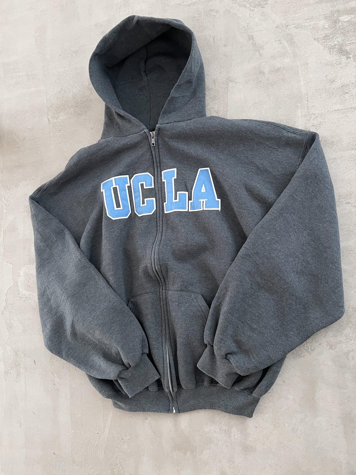 GREY/BABY BLUE RUSSELL UCLA ZIP UP HOODIE - 1990S - L/XL