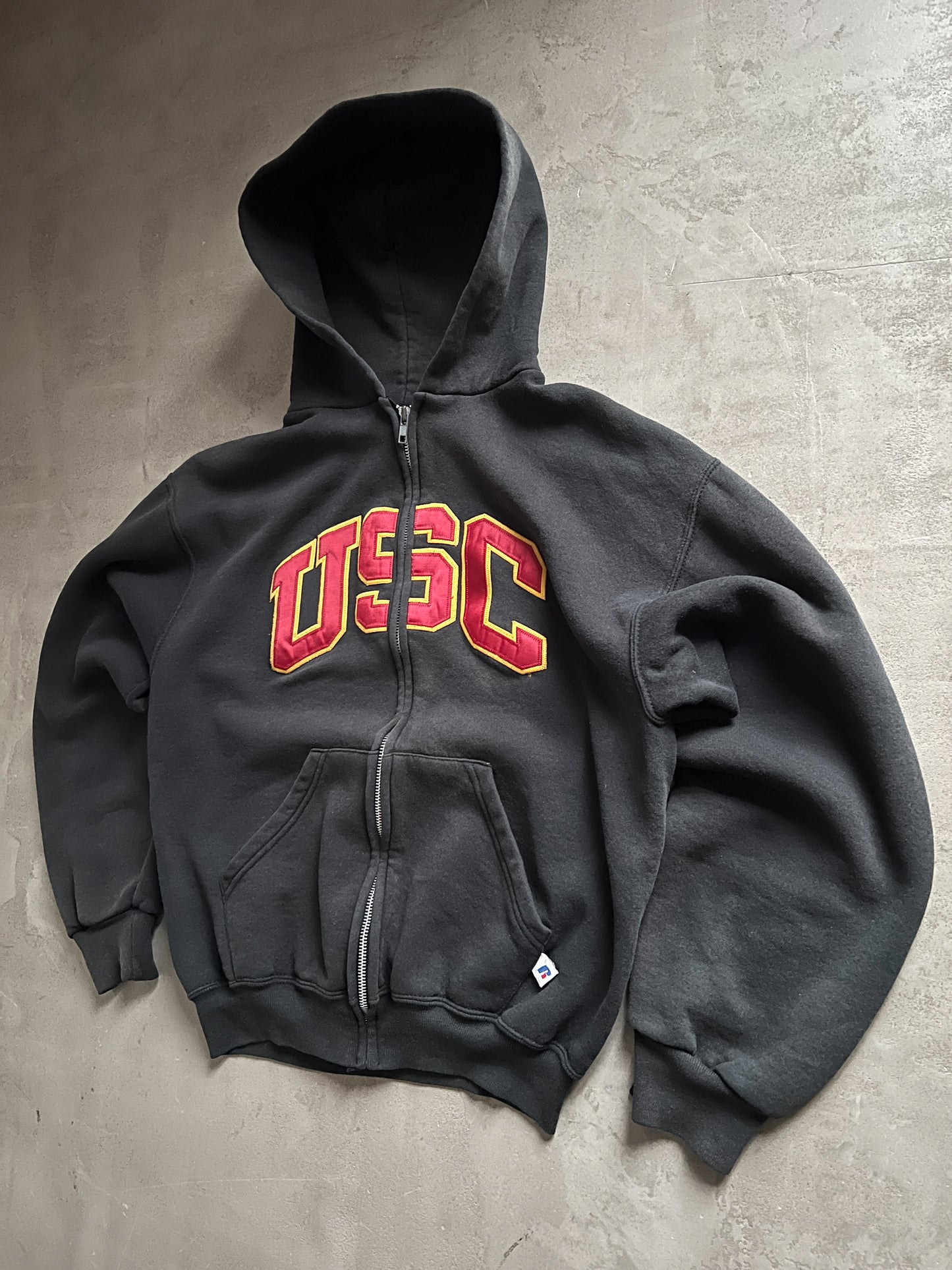 FADED BLACK RUSSELL USC ZIP UP HOODIE - 1990S - S