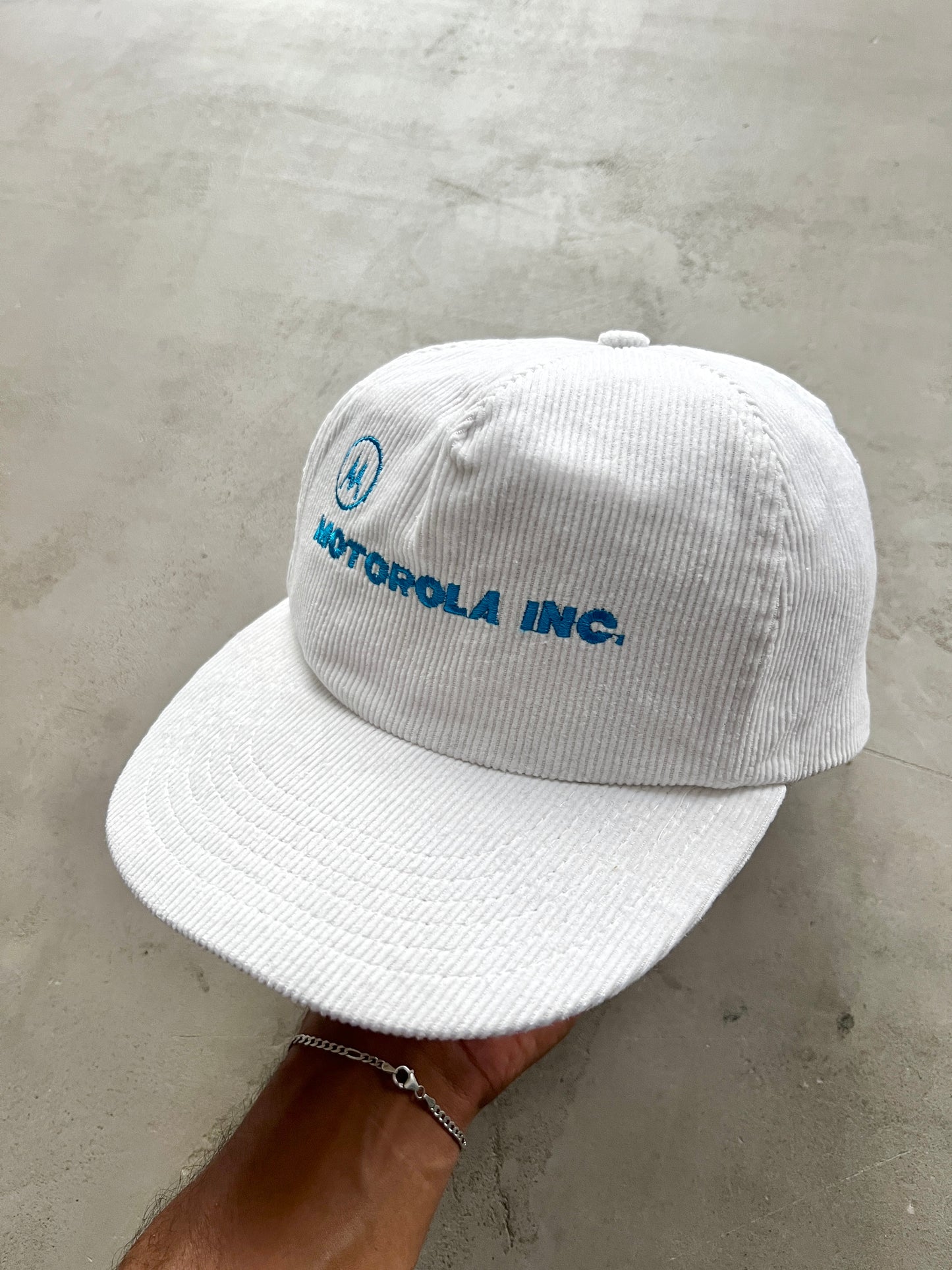 WHITE/BABY BLUE MOTOROLA CORDUROY CAP - 1990S