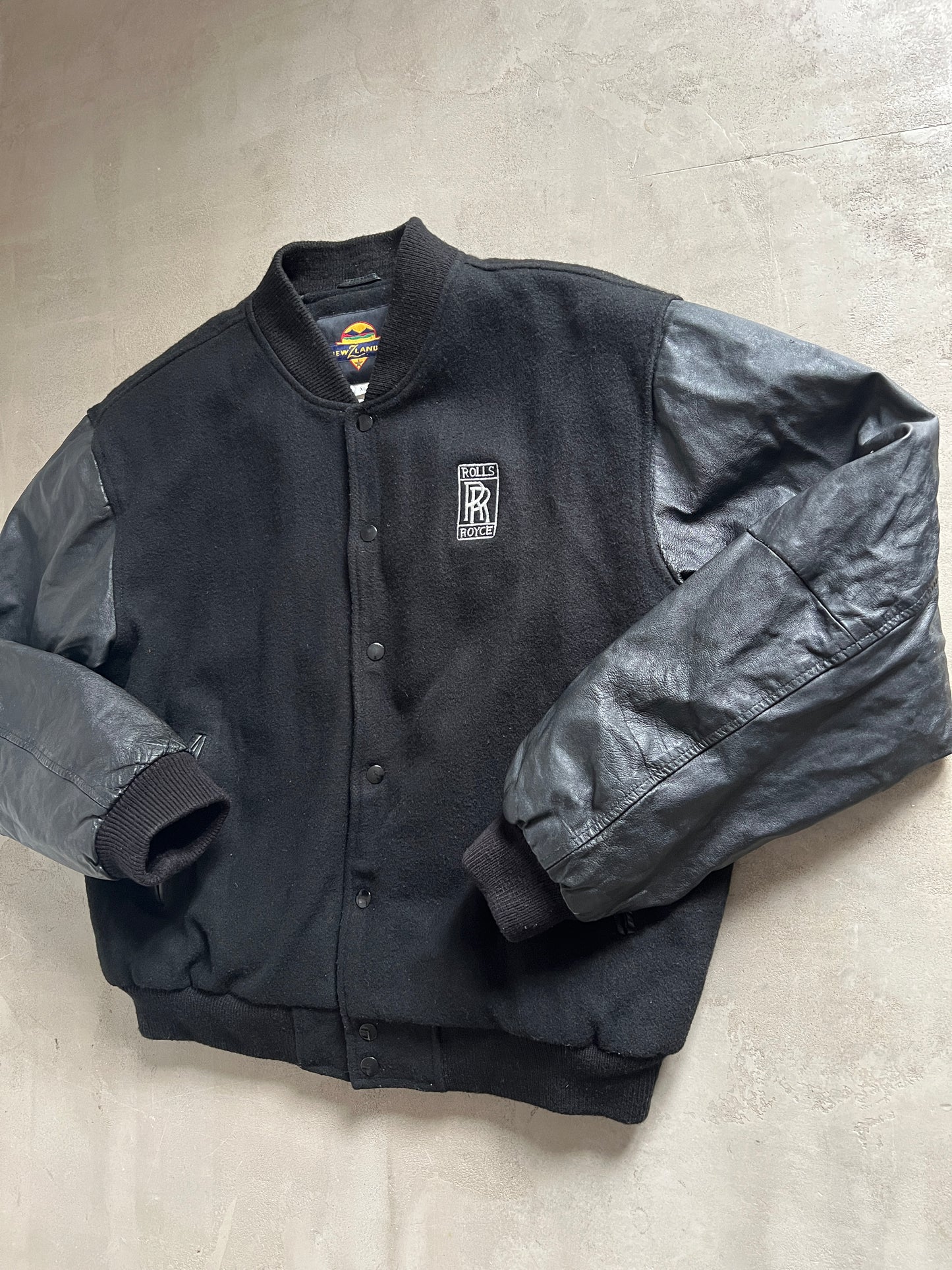 BLACK ROLLS ROYCE LEATHER JACKET - 1990S - L