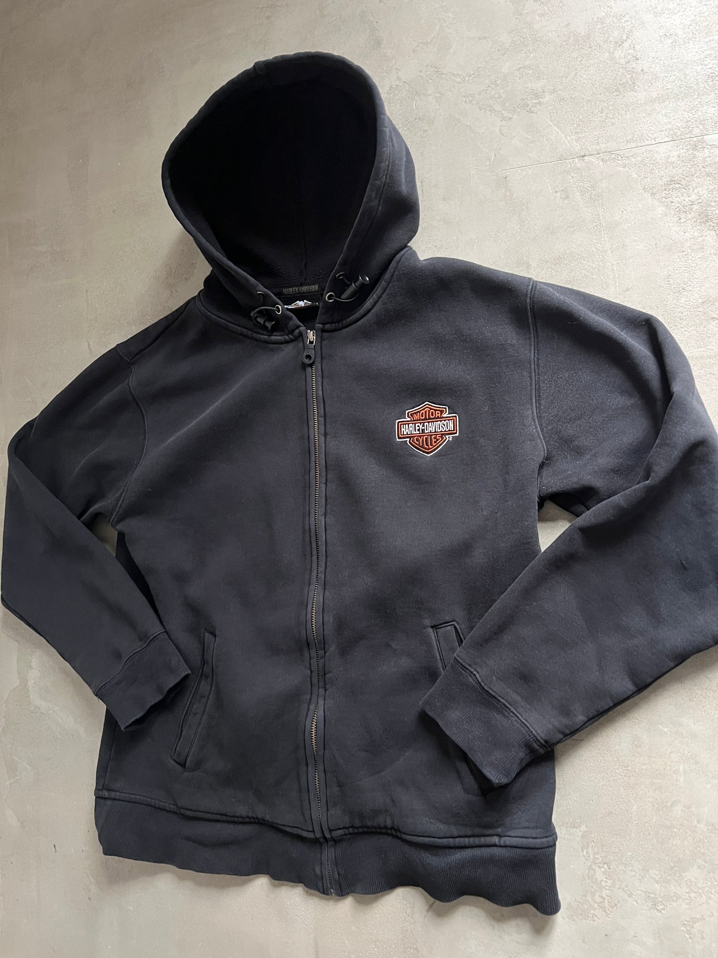 BLACK HARLEY DAVIDSON ZIP UP HOODIE - 1990S - M