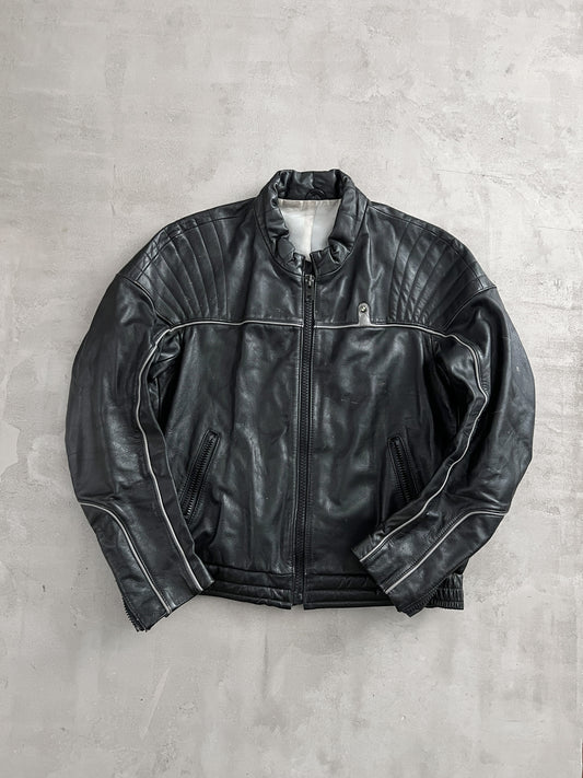 BLACK BMW LEATHER BIKING JACKET - 1990S - M/L
