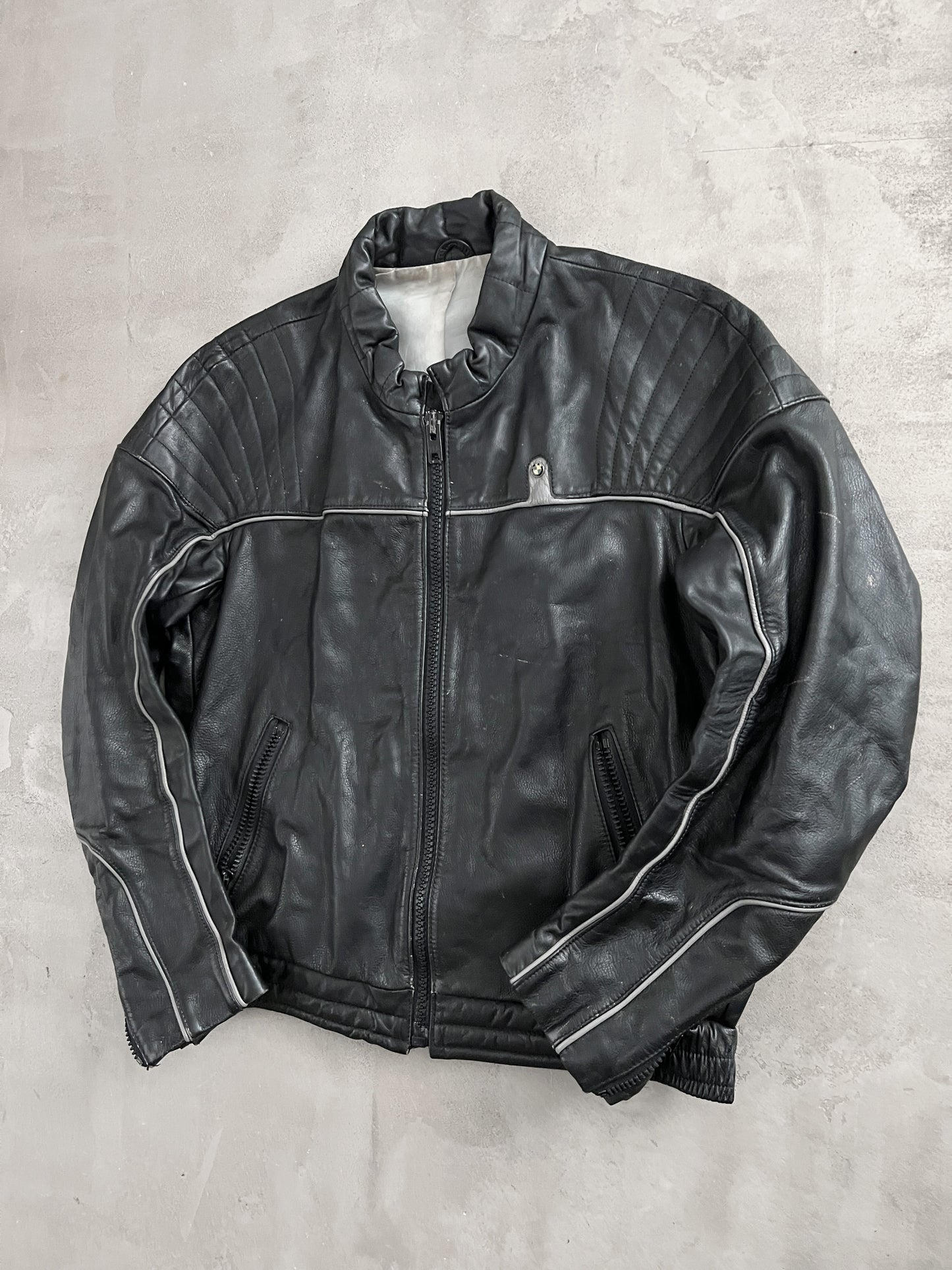 BLACK BMW LEATHER BIKING JACKET - 1990S - M/L