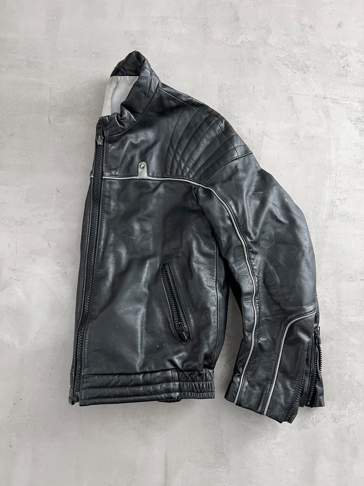 BLACK BMW LEATHER BIKING JACKET - 1990S - M/L