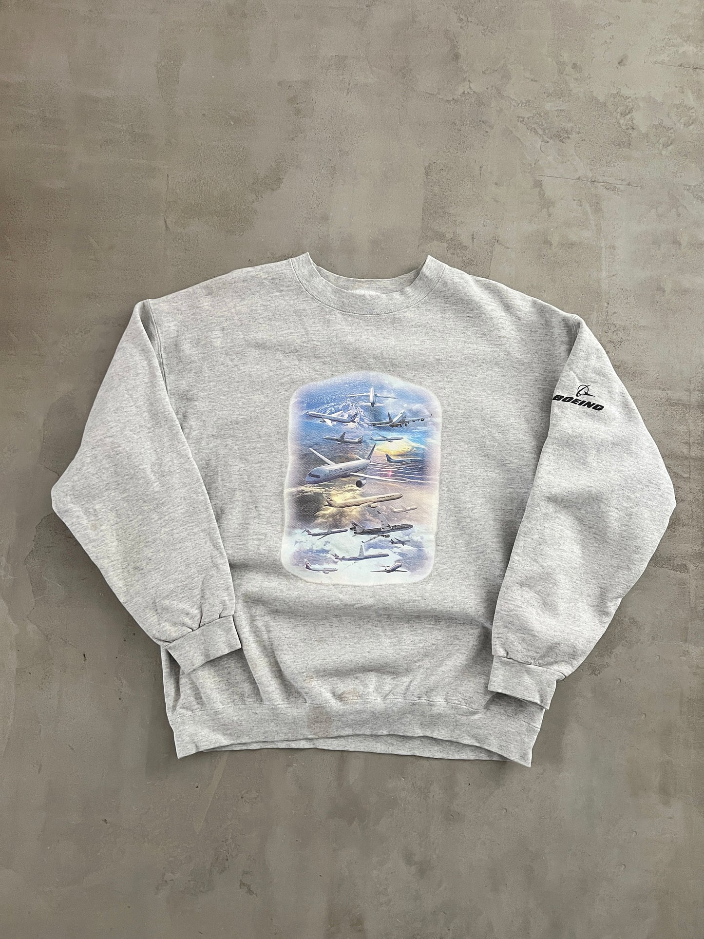 GREY BOEING AIRPLANE SWEATER - 1990S - L