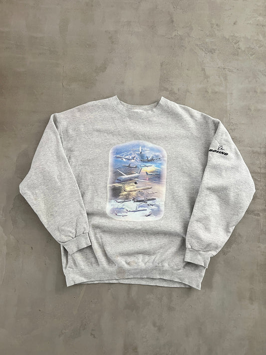GREY BOEING AIRPLANE SWEATER - 1990S - L