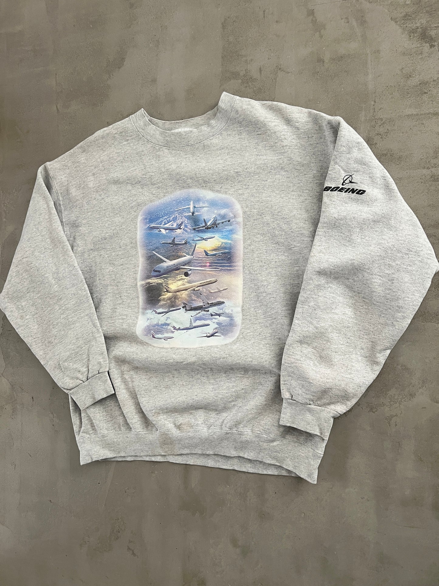 GREY BOEING AIRPLANE SWEATER - 1990S - L