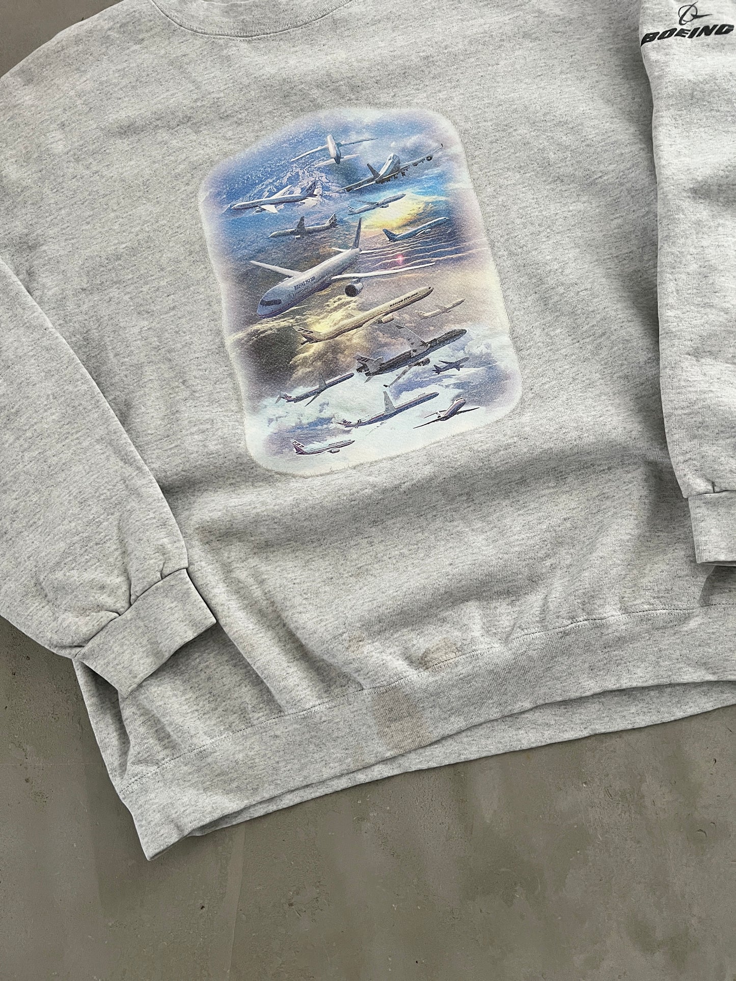 GREY BOEING AIRPLANE SWEATER - 1990S - L